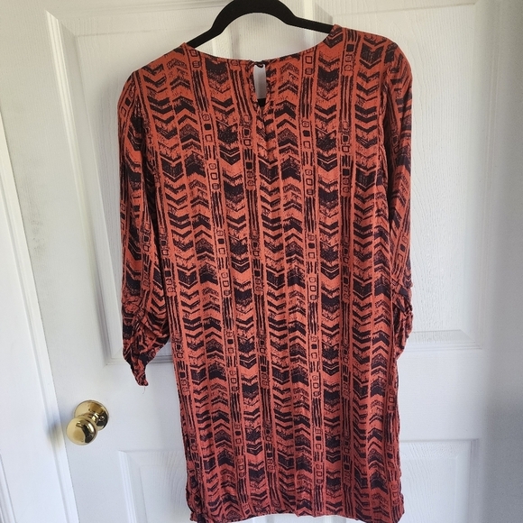 Gentle Fawn Geometric Orange and Black print dress with Lace. Size XS Rayon - Picture 2 of 7